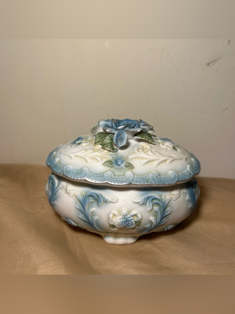 Decorative Porcelain Trinket Box with Blue Rose Detail
